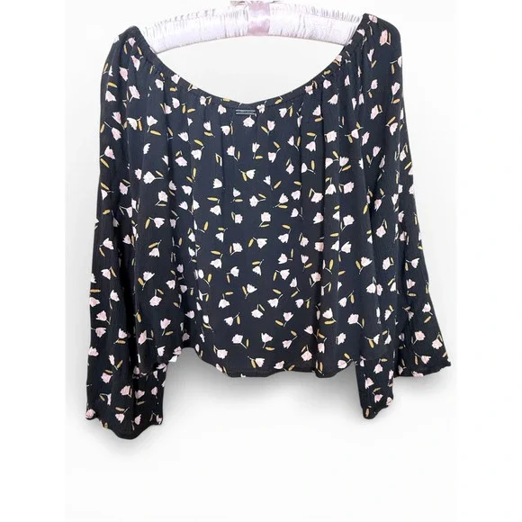 Billabong Womens Cropped Floral Peasant Blouse Black PinkTop Size L - Picture 2 of 7